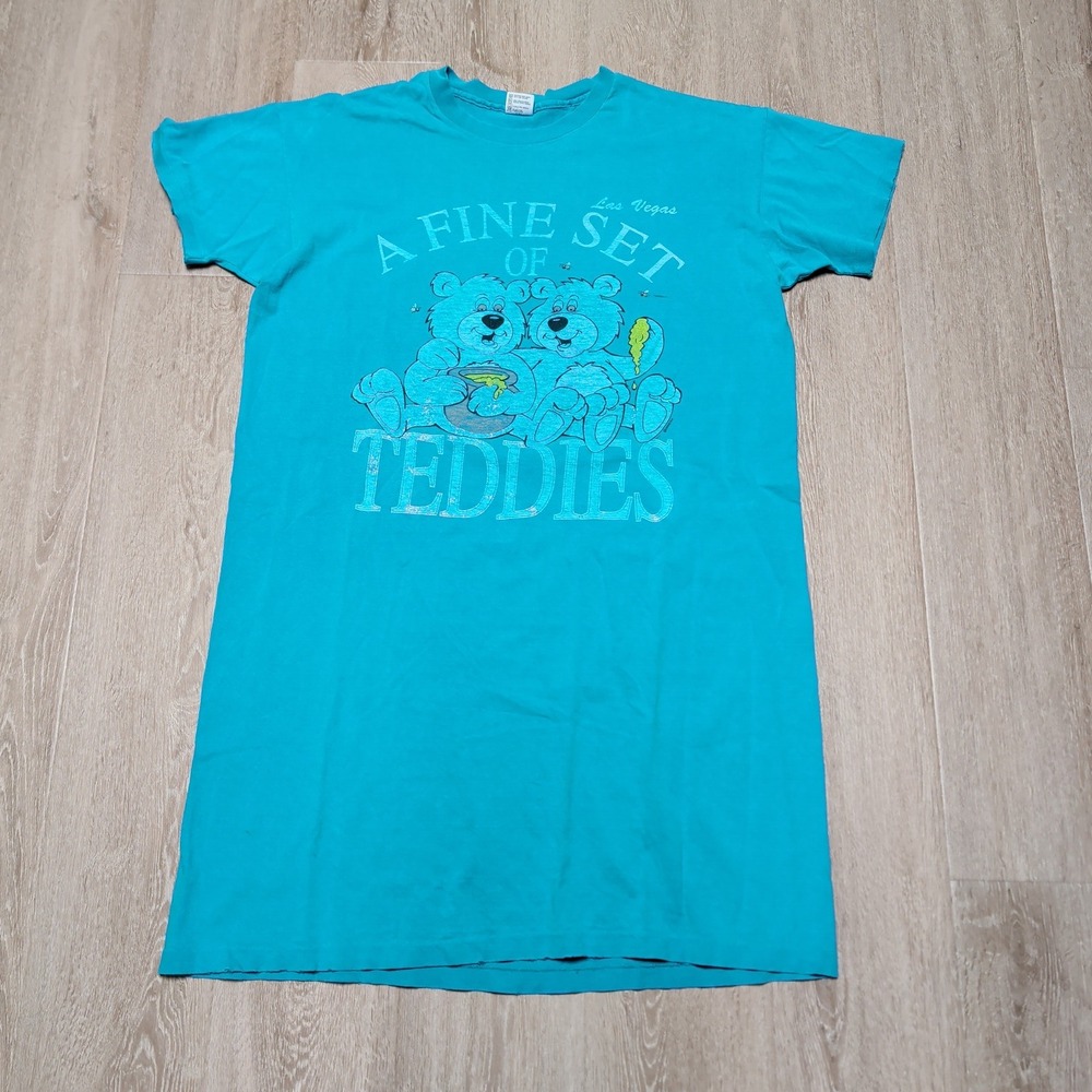 Vintage 90s Anvil Nightshirt Women OS Teal Las‎ Vegas Fine Set of Teddies Flaws